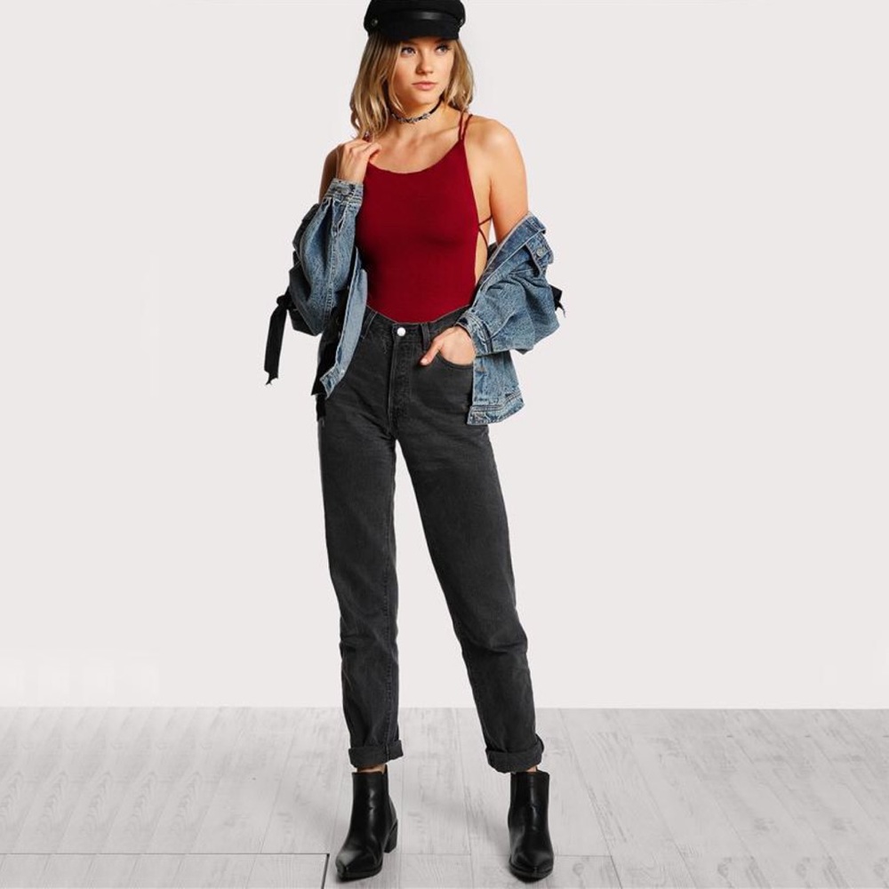 💥 SALE Backless Strappy Scoop Neck Bodysuit Red - Picture 2 of 5